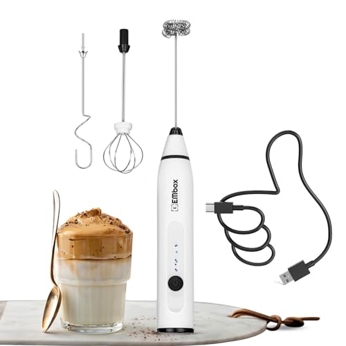 EMBOX Coffee Frother Electric | Coffee Maker | Double Spring Kit with Type-C Rechargeable Cord | Milk frother for Cappuccino Cream and Egg Whisker | Electric Blender Mixer (3 Whisk, White) - Image 1