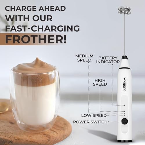 EMBOX Coffee Frother Electric | Coffee Maker | Double Spring Kit with Type-C Rechargeable Cord | Milk frother for Cappuccino Cream and Egg Whisker | Electric Blender Mixer (3 Whisk, White) - Image 2