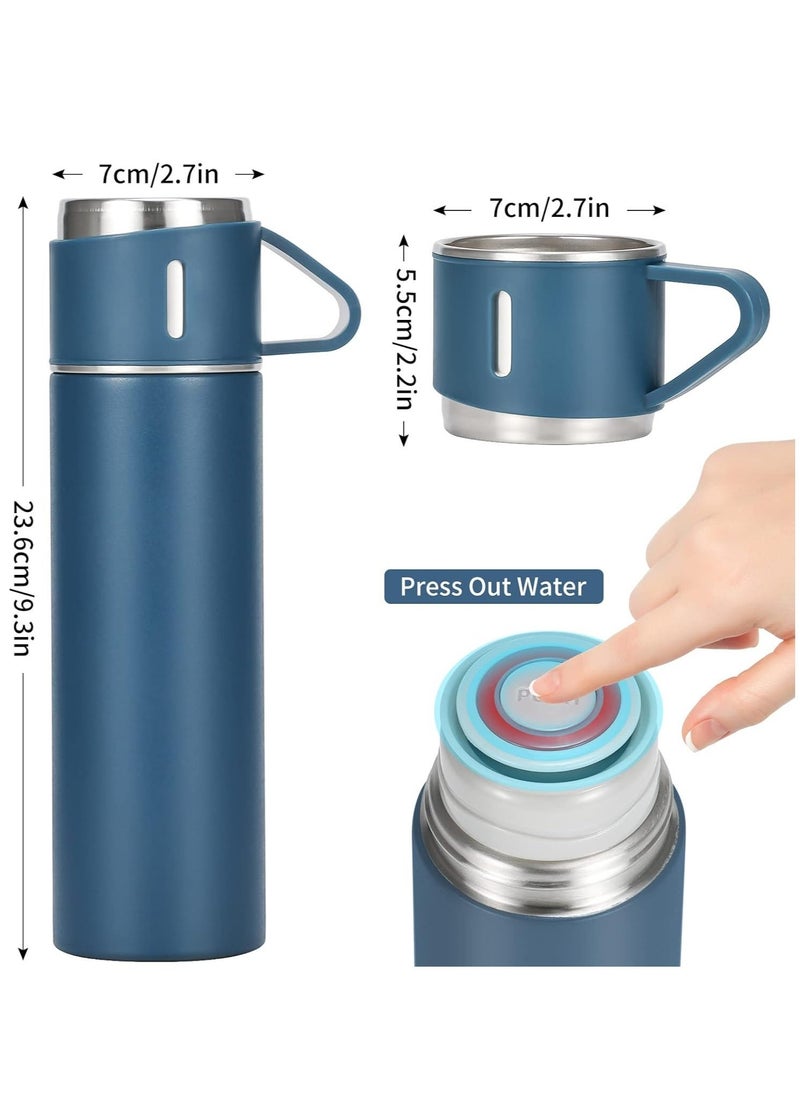 ELTRAZONE 500ml/17 OZ Stainless Steel Coffee Thermo Vacuum Flask Set, Insulated Water Bottle with Three Cup for Hot and Cold Drinks, Blue - Image 2