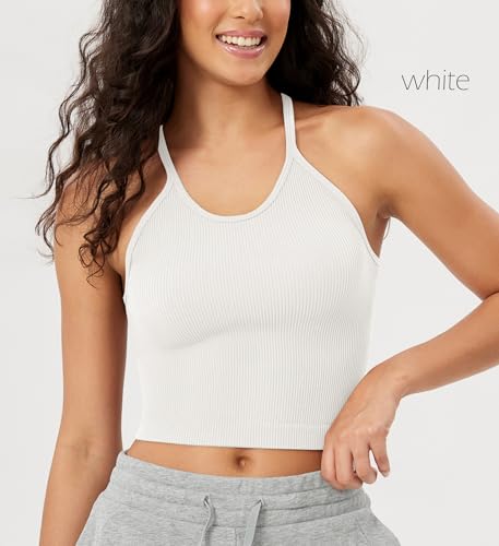 ODODOS Women's Crop Camisole 3-Pack Seamless Rib-Knit Crop Tank Tops, Long Crop, White Gray Black, Medium/Large - Image 2