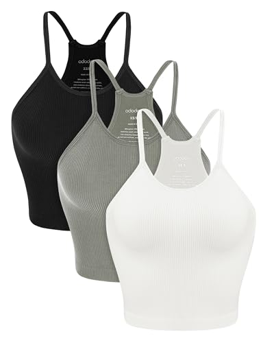 ODODOS Women's Crop Camisole 3-Pack Seamless Rib-Knit Crop Tank Tops, Long Crop, White Gray Black, Medium/Large - Image 1