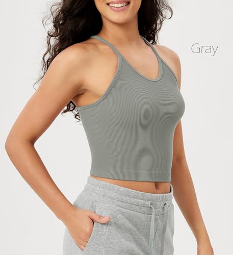 ODODOS Women's Crop Camisole 3-Pack Seamless Rib-Knit Crop Tank Tops, Long Crop, White Gray Black, Medium/Large - Image 3