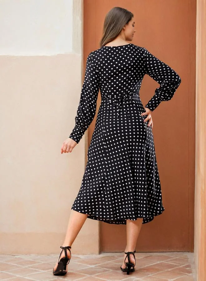 Freehand Black Polka Dot Print Long Sleeve Midi Dress