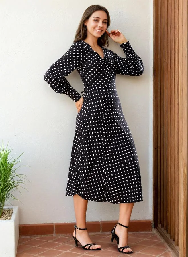 Freehand Black Polka Dot Print Long Sleeve Midi Dress