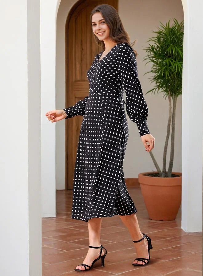 Freehand Black Polka Dot Print Long Sleeve Midi Dress