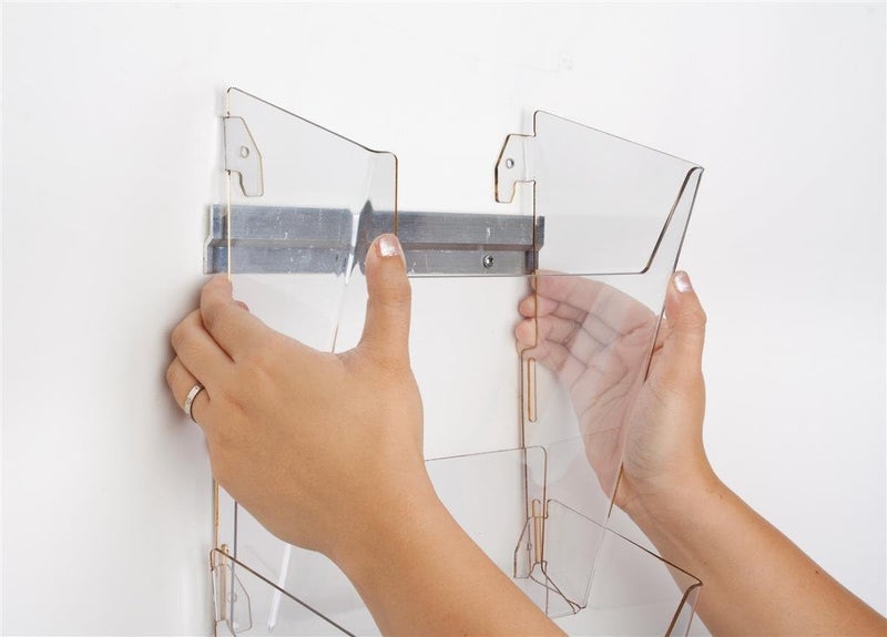 Displays2go Wall Mounted Magazine Rack 16 Single Pockets Frameless Design with Notched Front Panel for Easy Access Clear Acrylic  - Image 5