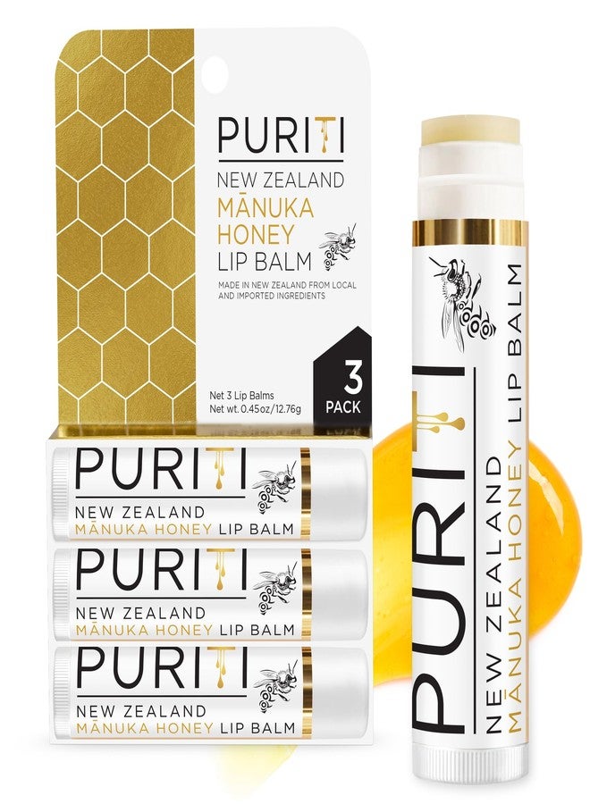 PURITI Manuka Honey Lip Balm - 3pack Soothing & Moisturizing, Enriched with Almond, Jojoba, Macadamia Oils, Cocoa Butter, Hydrating for Dry & Chapped Lips, 100% Genuine New Zealand Manuka Honey - Image 1