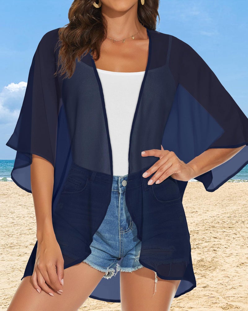 JILUVIN Womens Kimono Cardigans Beach Cover ups Swimwear Puff Sleeve Loose Casual Summer Tops (Dark Blue,L) - Image 3