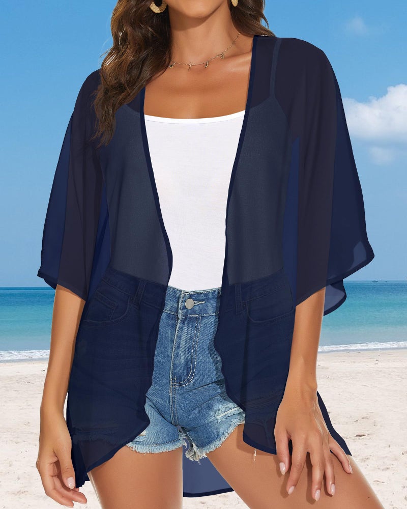 JILUVIN Womens Kimono Cardigans Beach Cover ups Swimwear Puff Sleeve Loose Casual Summer Tops (Dark Blue,L) - Image 5