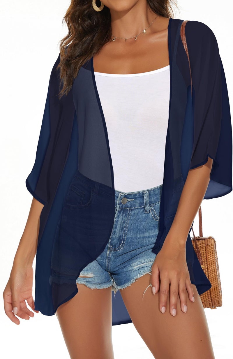 JILUVIN Womens Kimono Cardigans Beach Cover ups Swimwear Puff Sleeve Loose Casual Summer Tops (Dark Blue,L) - Image 1