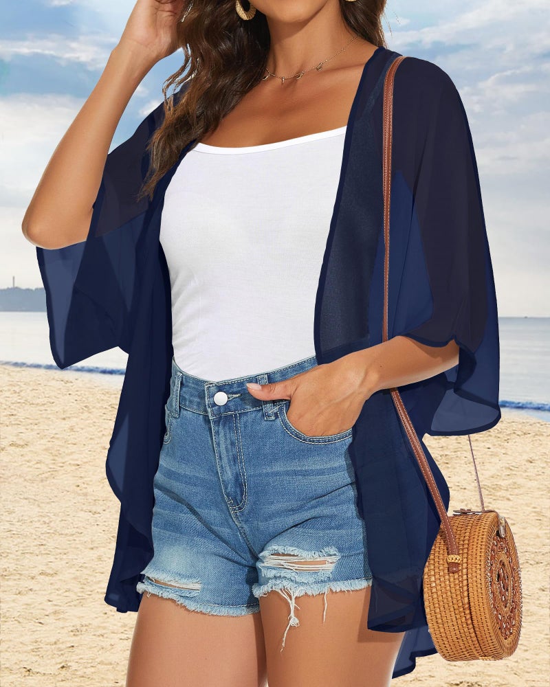 JILUVIN Womens Kimono Cardigans Beach Cover ups Swimwear Puff Sleeve Loose Casual Summer Tops (Dark Blue,L) - Image 4