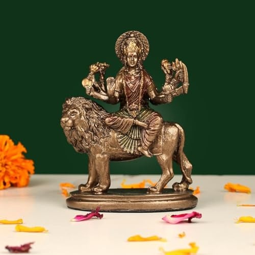 INDICAST- Resin 4" Durga MATA Copper Finish Hindu God Statue Maa Durga Idol Figurine Decoration and Pooja Gifting Purpose Sculpture Office House Warming Murti - Image 1