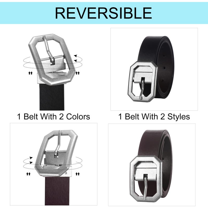 Ssumday Womens Girl Female Ladies Reversible Faux Leather Black Coffee Belts for Jeans Pants with Vintage Silver Buckle and Plus Size(1-L) - Image 2