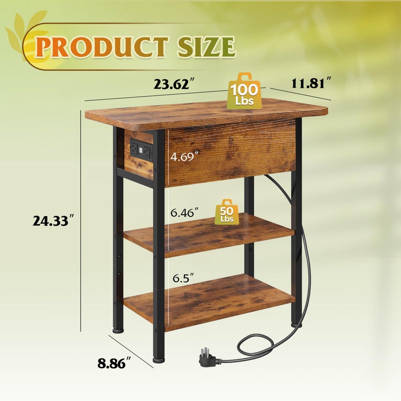 WLIVE End Table with Charging Station, Flip Top Narrow Side Table with Storage Shelf, Small Nightstand with USB Ports and Outlets,Bedside Table for Living Room, Bedroom,11.81" D x 23.62" W x 24.33" H - Image 3