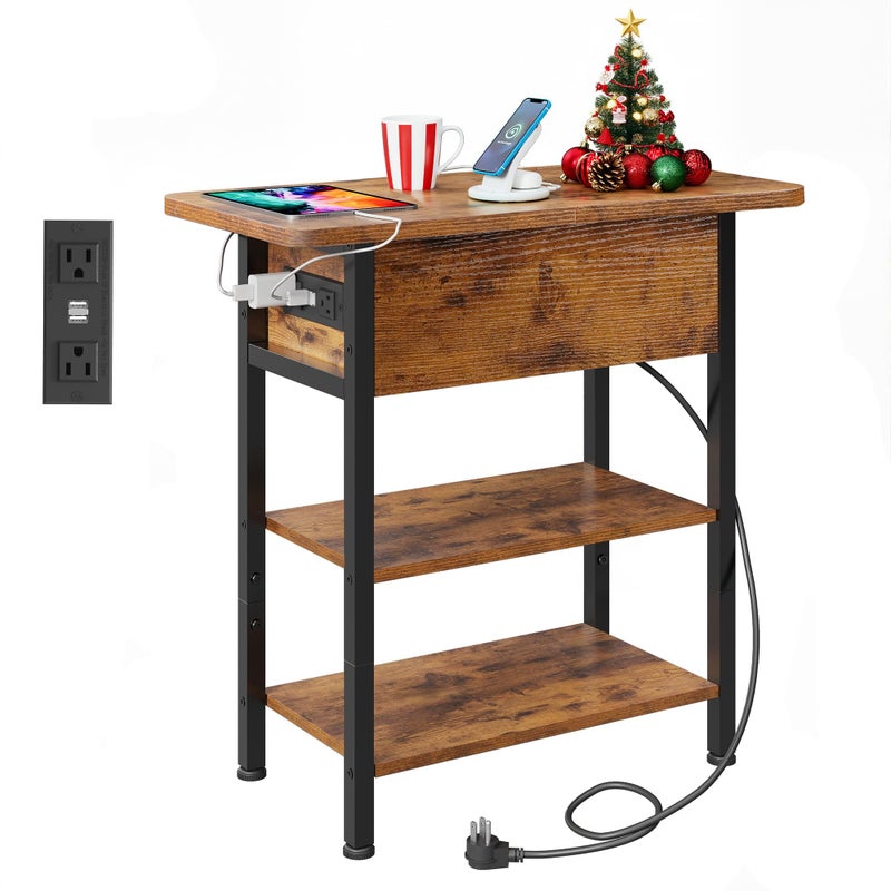 WLIVE End Table with Charging Station, Flip Top Narrow Side Table with Storage Shelf, Small Nightstand with USB Ports and Outlets,Bedside Table for Living Room, Bedroom,11.81" D x 23.62" W x 24.33" H - Image 1