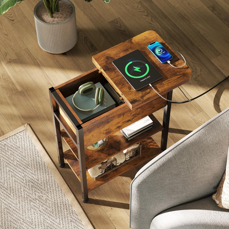 WLIVE End Table with Charging Station, Flip Top Narrow Side Table with Storage Shelf, Small Nightstand with USB Ports and Outlets,Bedside Table for Living Room, Bedroom,11.81" D x 23.62" W x 24.33" H - Image 2