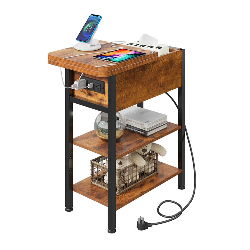 WLIVE End Table with Charging Station, Flip Top Narrow Side Table with Storage Shelf, Small Nightstand with USB Ports and Outlets,Bedside Table for Living Room, Bedroom,11.81" D x 23.62" W x 24.33" H - Image 4