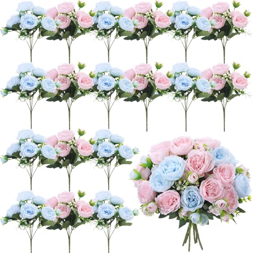 Geosar 16 Bundles Artificial Peonies Flowers Fake Silk Peony Bouquet Faux Peonies Flowers Bulk for Decoration Vase Floral Arrangements Wedding Party Table Light PinkLight Blue - Image 1