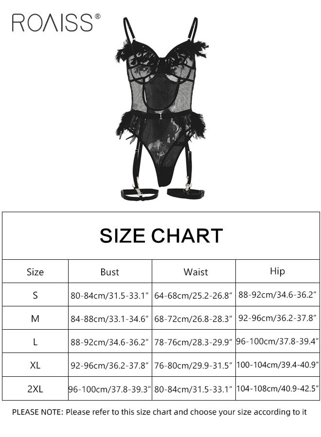 roaiss Feather Decor Mesh Underwear Set for Women Backless Hollow Tight Waist Outfit Ladies Adult Bodysuit Includes Adjustible Garters Outfits Cosplay Costumes - Image 3