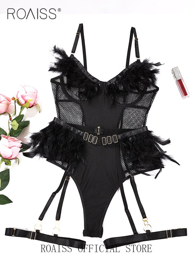 roaiss Feather Decor Mesh Underwear Set for Women Backless Hollow Tight Waist Outfit Ladies Adult Bodysuit Includes Adjustible Garters Outfits Cosplay Costumes - Image 1