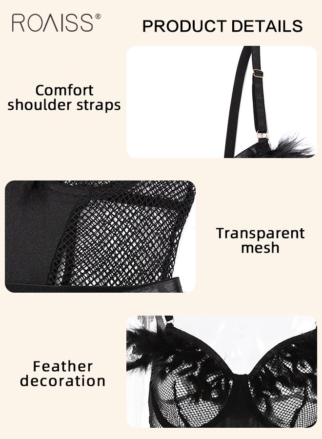 roaiss Feather Decor Mesh Underwear Set for Women Backless Hollow Tight Waist Outfit Ladies Adult Bodysuit Includes Adjustible Garters Outfits Cosplay Costumes - Image 2