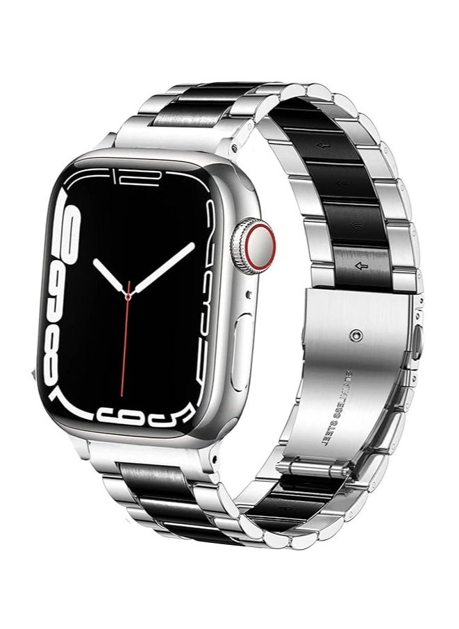 ten.tech - Metal Band Compatible with Apple Watch 49mm/45mm/44mm/42mm, Stainless Steel Watch Band for iWatch Series 1/2/3/4/5/6/7/8/SE/Ultra/Ultra 2 Tin Tick – Silver & black - Image 1