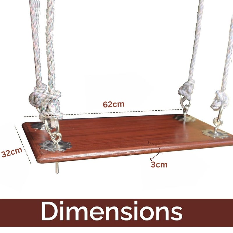 Generic Lakshya India Wooden Swing Jhula with Hand Grip Suitable for Kids and Adults Indoor and Outdoor Use with Hanging Accessories 2 S 4 Pcs Bottom Hooks Bands and 40 Feet of Rope ColorBrown  - Image 4