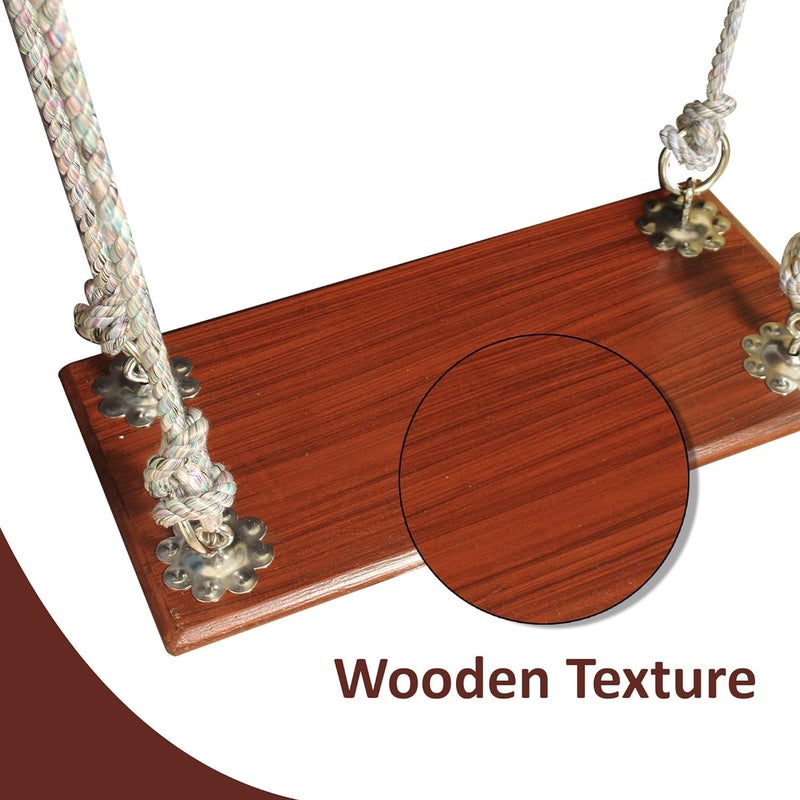 Generic Lakshya India Wooden Swing Jhula with Hand Grip Suitable for Kids and Adults Indoor and Outdoor Use with Hanging Accessories 2 S 4 Pcs Bottom Hooks Bands and 40 Feet of Rope ColorBrown  - Image 2