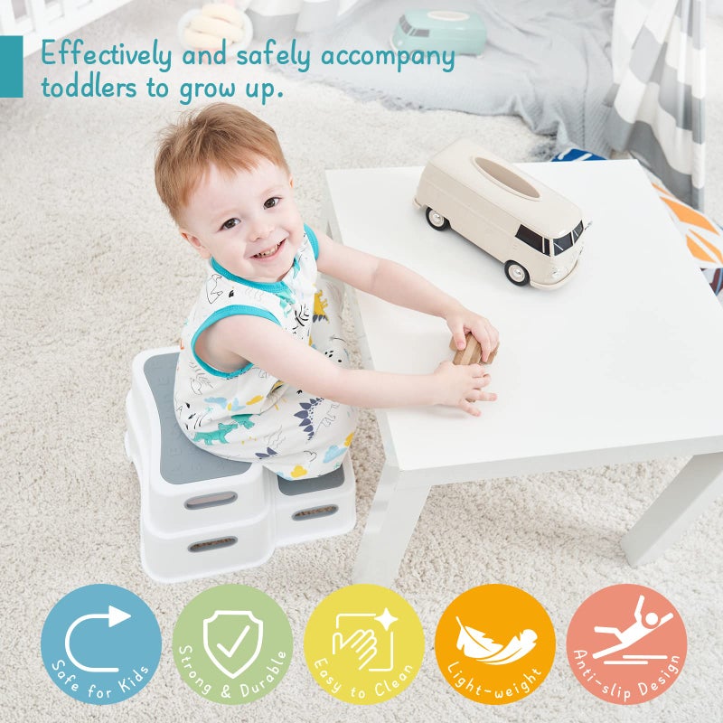 Forbena Toddler Step Stool for Bathroom Sink, 2 Step Stool for Kids Toilet Potty Training, Non-Slip Toddlers Baby Child Kid Plastic Poop Stools with Handle for Kitchen Counter Bed (White-Grey) - Image 4