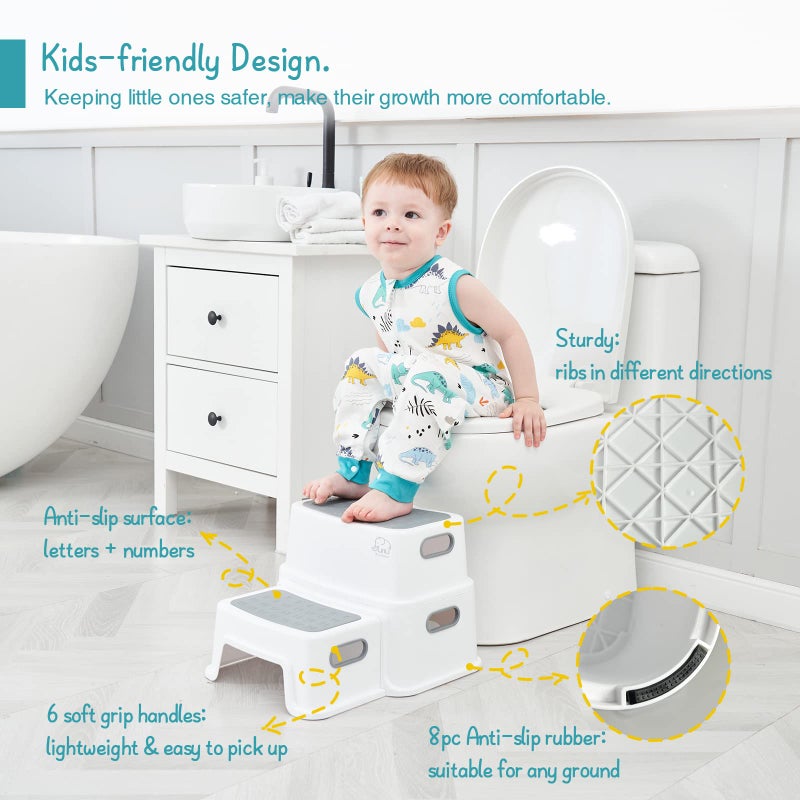 Forbena Toddler Step Stool for Bathroom Sink, 2 Step Stool for Kids Toilet Potty Training, Non-Slip Toddlers Baby Child Kid Plastic Poop Stools with Handle for Kitchen Counter Bed (White-Grey) - Image 3
