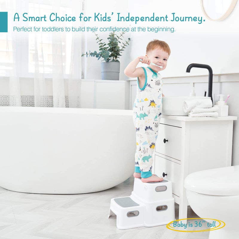 Forbena Toddler Step Stool for Bathroom Sink, 2 Step Stool for Kids Toilet Potty Training, Non-Slip Toddlers Baby Child Kid Plastic Poop Stools with Handle for Kitchen Counter Bed (White-Grey) - Image 2