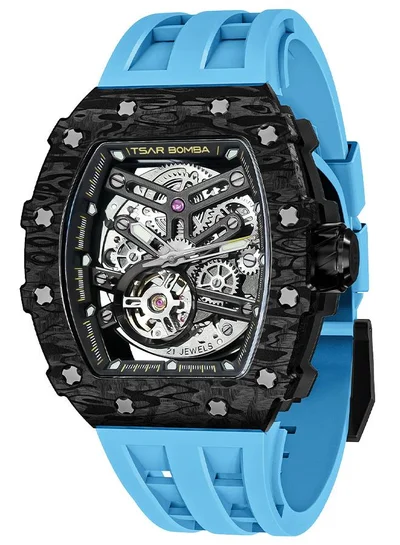 TSAR BOMBA Elemental Series 43mm Automatic Men's Watch with Light Blue Premium Rubber Strap