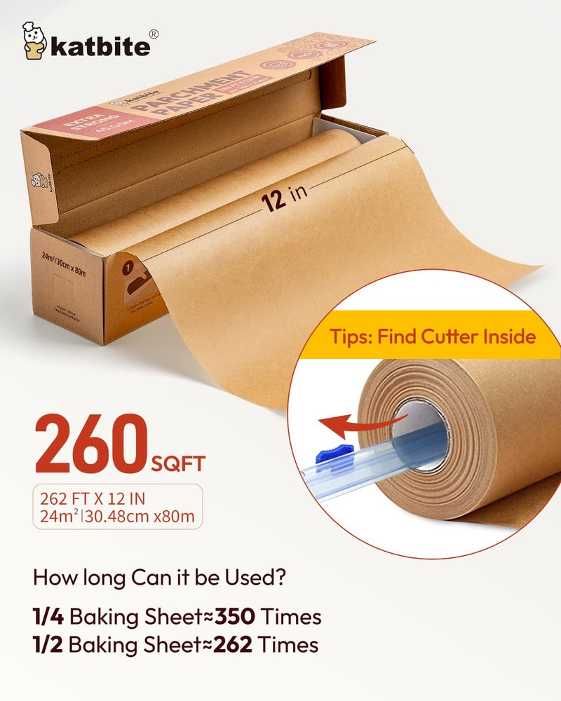 katbite Unbleached Parchment Paper Roll for Baking 12in x 262ft, 260 Sq.Ft, Heavy Duty & Non-stick Baking Paper with Slide Cutter, Brown Parchment Paper for Cooking, Air Fryer, Steaming, Bread - Image 2