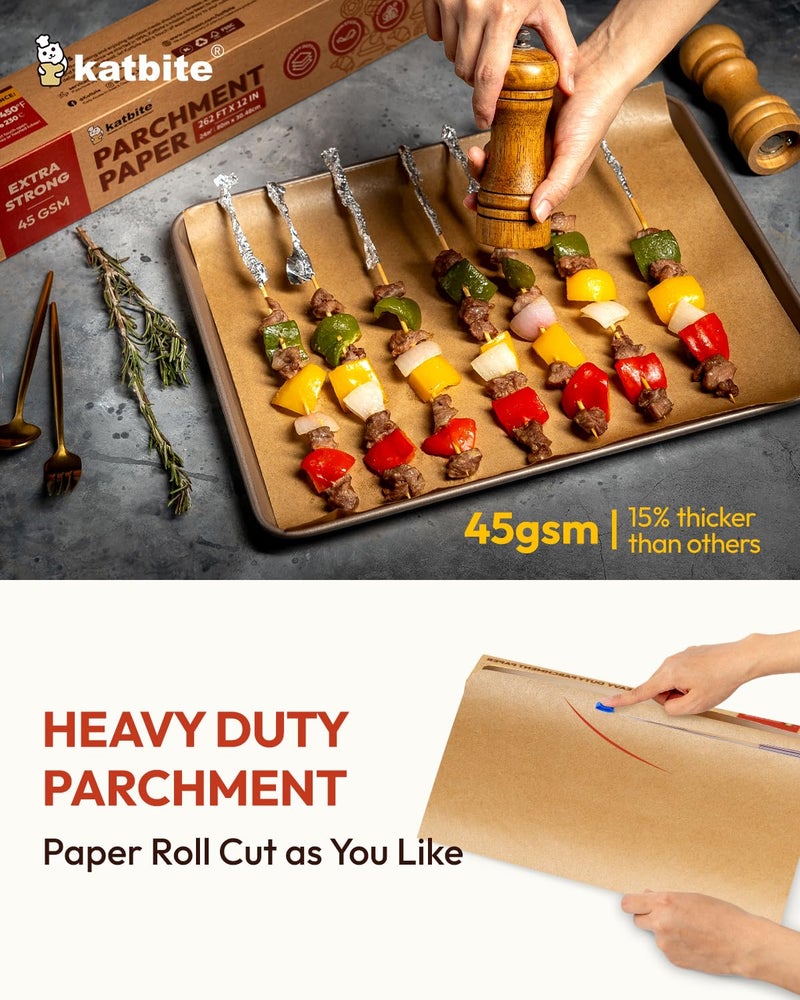 katbite Unbleached Parchment Paper Roll for Baking 12in x 262ft, 260 Sq.Ft, Heavy Duty & Non-stick Baking Paper with Slide Cutter, Brown Parchment Paper for Cooking, Air Fryer, Steaming, Bread - Image 3