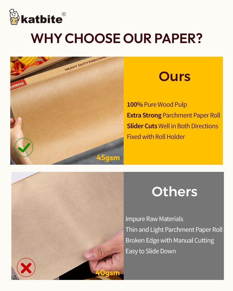 katbite Unbleached Parchment Paper Roll for Baking 12in x 262ft, 260 Sq.Ft, Heavy Duty & Non-stick Baking Paper with Slide Cutter, Brown Parchment Paper for Cooking, Air Fryer, Steaming, Bread - Image 5