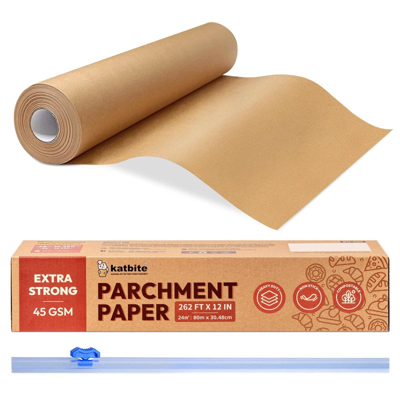katbite Unbleached Parchment Paper Roll for Baking 12in x 262ft, 260 Sq.Ft, Heavy Duty & Non-stick Baking Paper with Slide Cutter, Brown Parchment Paper for Cooking, Air Fryer, Steaming, Bread - Image 1
