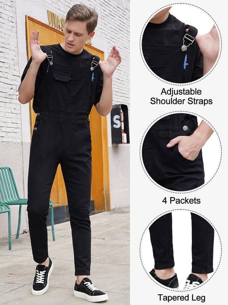 LONGBIDA Men's Denim Bib Overalls Fashion Slim Fit Jumpsuit with Pockets(Black,L) - Image 4