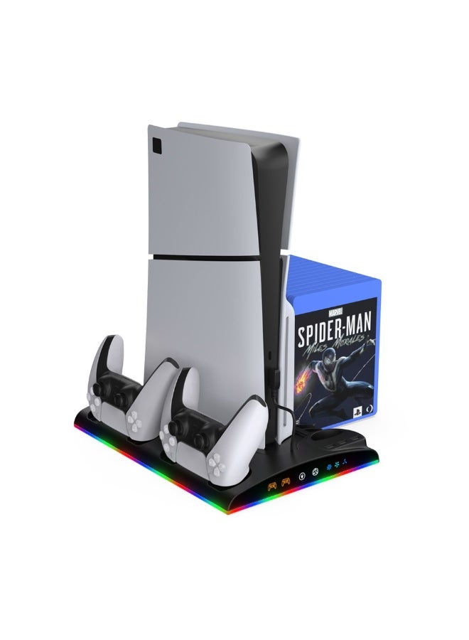 DOBE Vertical Cooling Stand for PS5/PS5 Pro/Slim Disc & Digital Editions, Dual Controller Charging, RGB LED Lights, 13 Game Slots, Media Remote Slot – PS5 Accessories (Black)