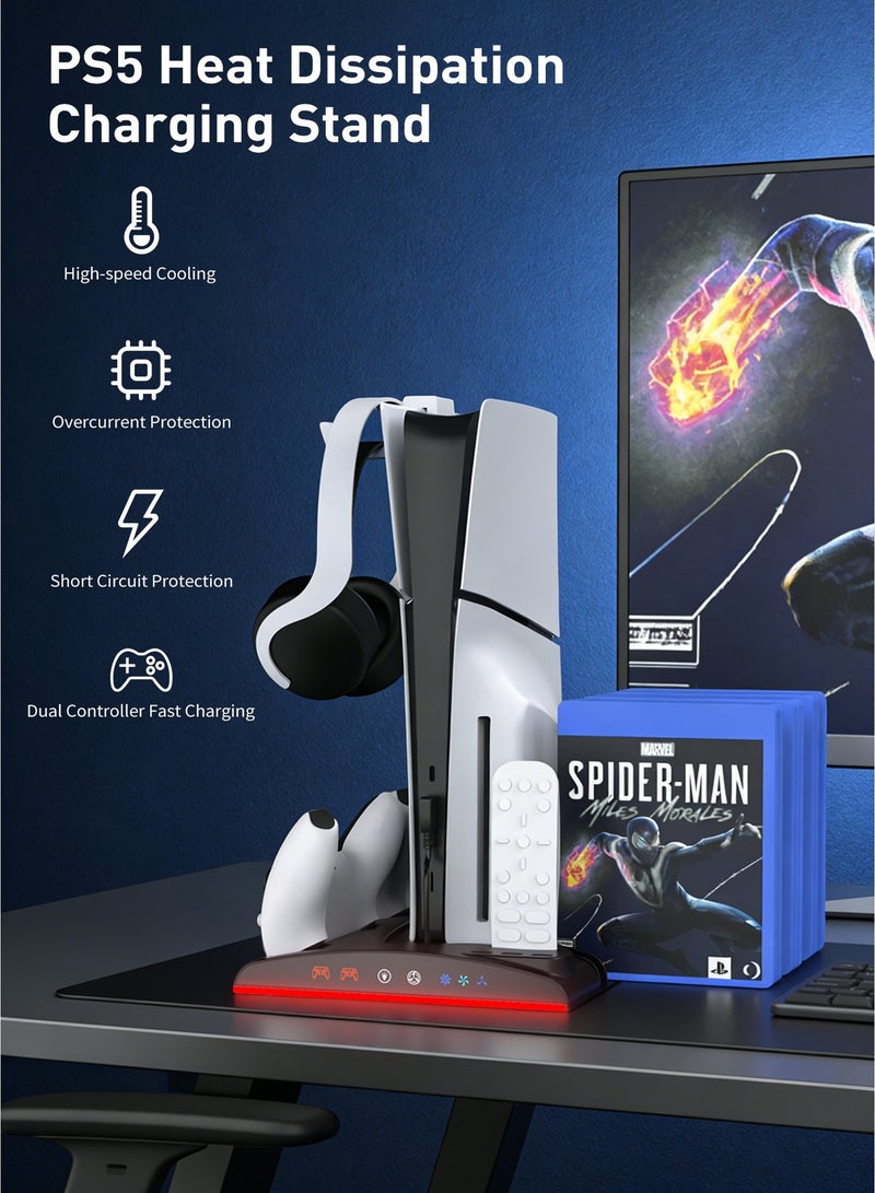 DOBE Vertical Cooling Stand for PS5/PS5 Pro/Slim Disc & Digital Editions, Dual Controller Charging, RGB LED Lights, 13 Game Slots, Media Remote Slot – PS5 Accessories (Black) - Image 2