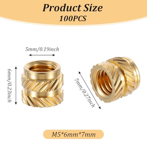 Prasacco 100 Pcs M5 Threaded Insert M5 Heat Set Inserts 3D Printing Brass Nuts Knurled Twill Thread Nut Inserts for Loptop Automotive Plastic Shells - Image 2