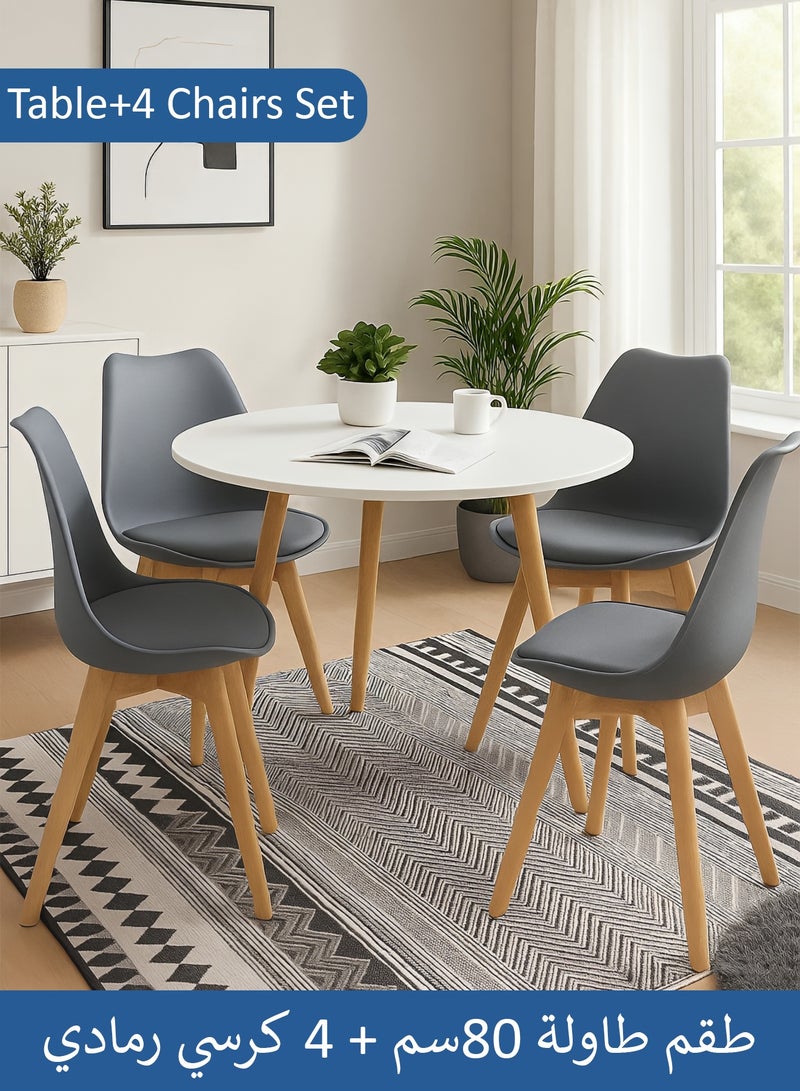 Taimi 5-Piece Dining Set, Modern Round Dining Table with 4 Elegant Chairs | Solid White Wood Table 80x80x70cm with 4 Grey Mid Century Soft Padded Seats - Modern Side Chairs with Wooden Legs - Image 1