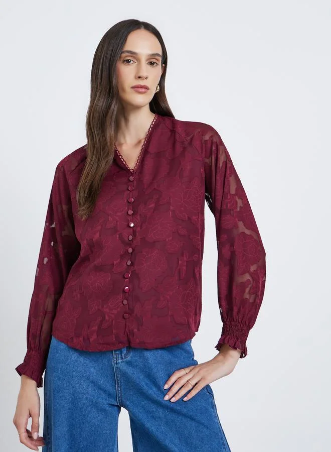 Styli Styli  Jacquard V-Neck Blouse with Button Detail