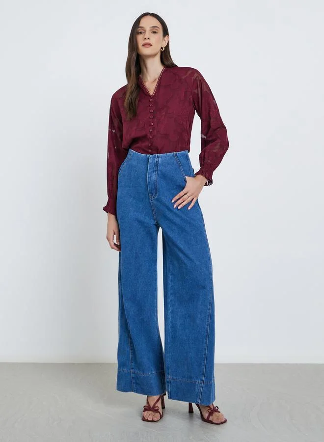 Styli Styli  Jacquard V-Neck Blouse with Button Detail