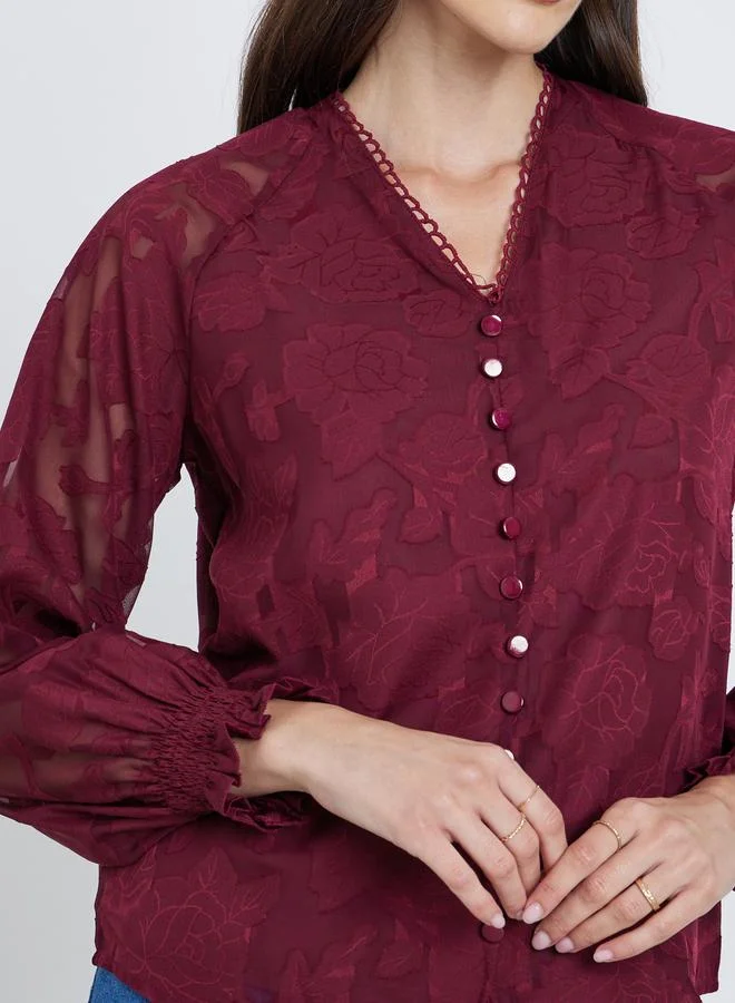 Styli Styli  Jacquard V-Neck Blouse with Button Detail