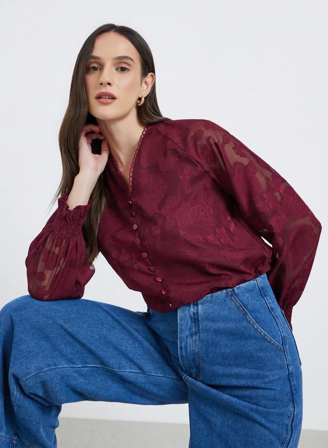 Styli Styli  Jacquard V-Neck Blouse with Button Detail