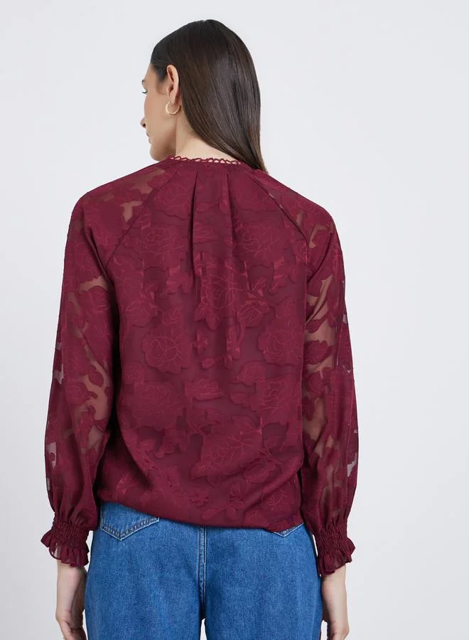 Styli Styli  Jacquard V-Neck Blouse with Button Detail