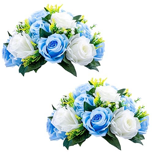 NUPTIO Flower Centerpieces for Wedding Tables Blue White Artificial Flower Ball Arrangement for Weddings Party 2 Pcs Fake Floral Rose for Birthday Bridal Shower Decorations - Image 1
