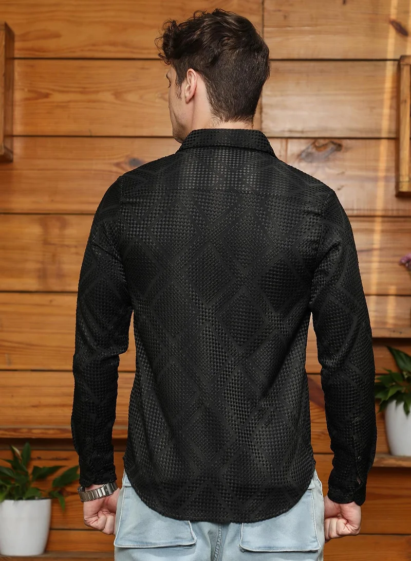 Campus Sutra Men's Obsidian Black Shard-Tactile Shirt