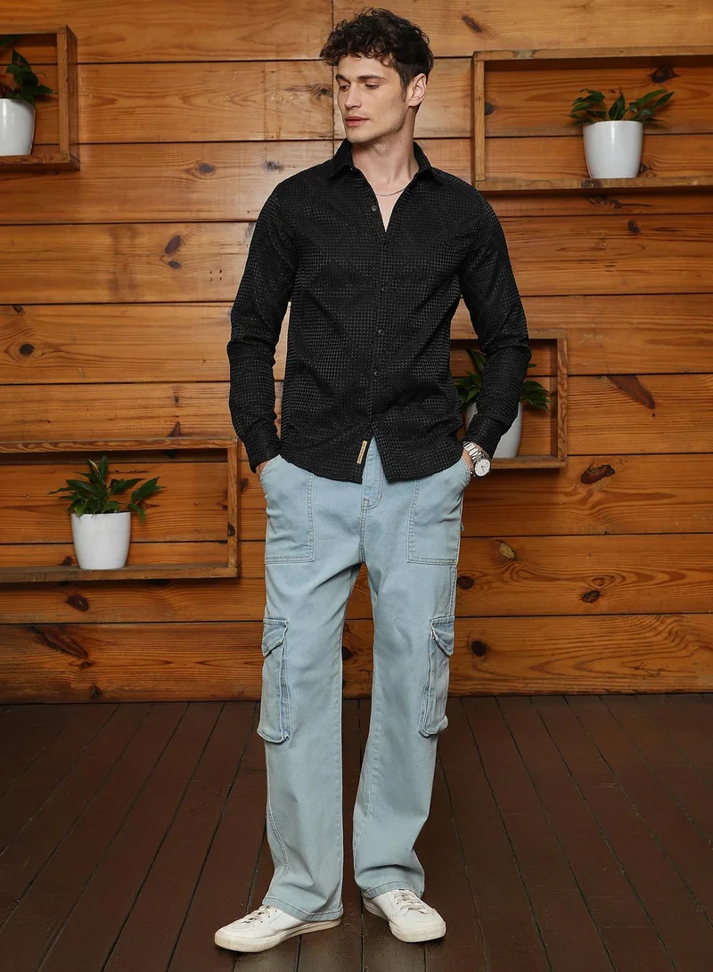 Campus Sutra Men's Obsidian Black Shard-Tactile Shirt