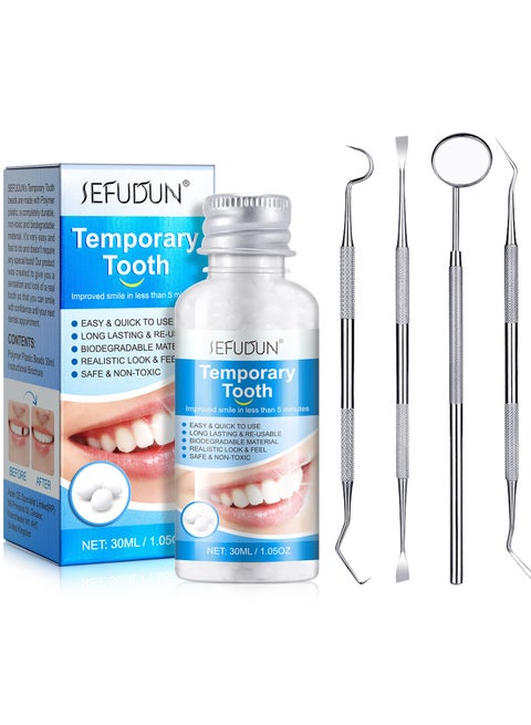 Temporary denture replacement, dental filling with temporary tooth restoration beads to replace missing teeth, tooth restoration kit for missing and broken dentures, with 4 pieces of tooth restoration tools (30 ml)